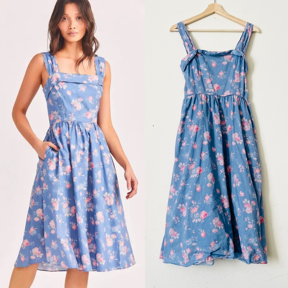 LoveShackFancy SIZE 2 Carmine blue floral sleeveless midi dress in Faded Denim